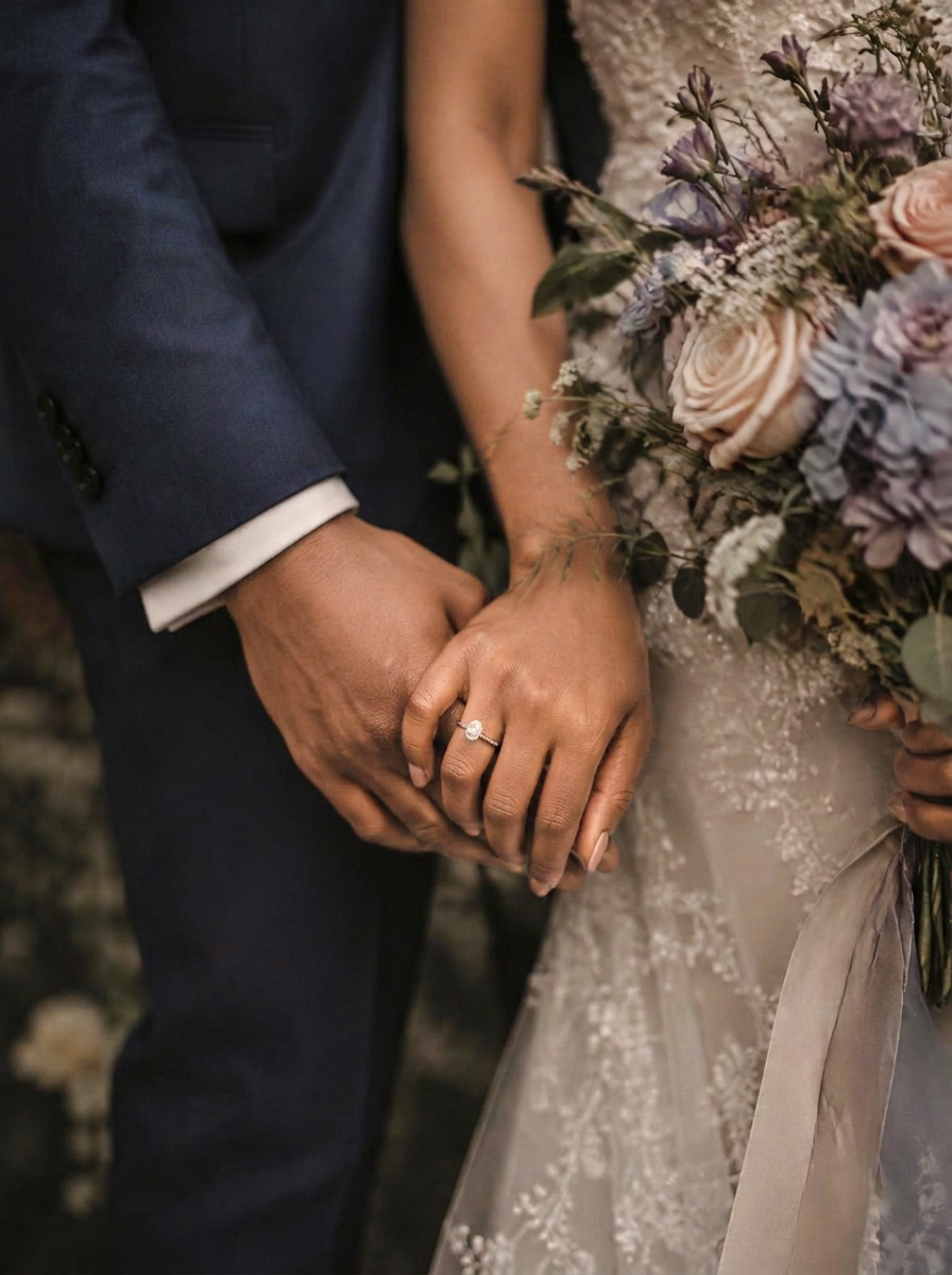 A Black bride and groom holding hands