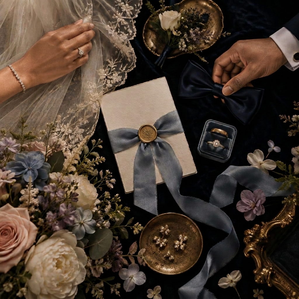 Wedding rings, attire and pastel flowers